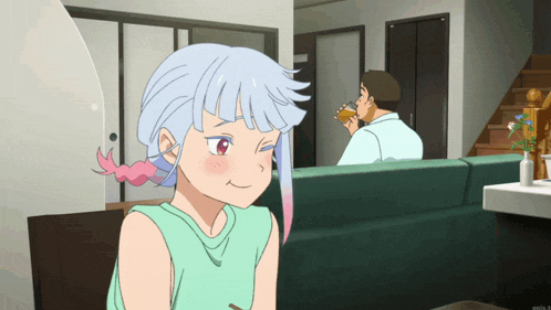 a cartoon of a girl with blue hair and pink pigtails