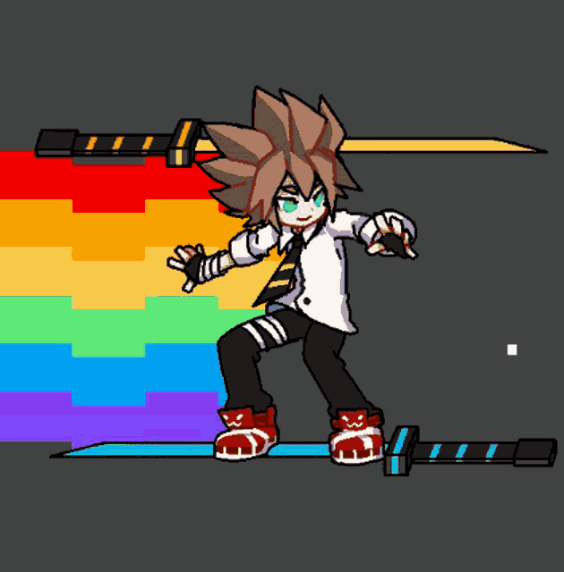 a pixel art of a person holding a sword with a rainbow behind them