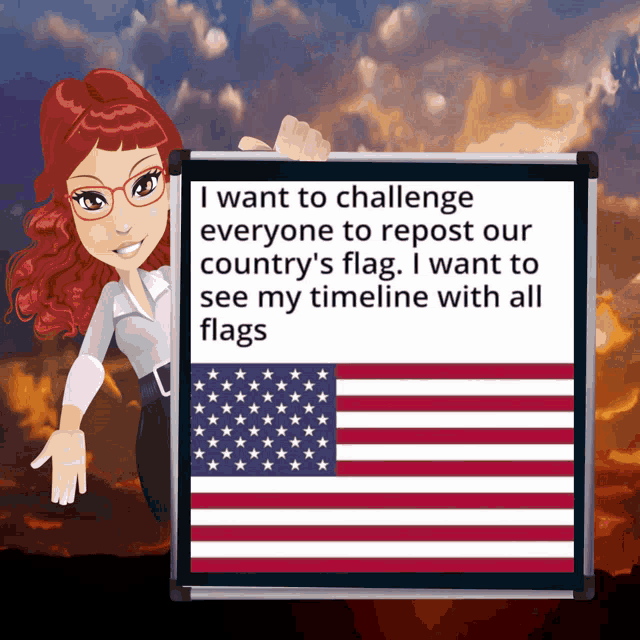 a cartoon woman holding a sign that says i want to challenge everyone to repost our country 's flag