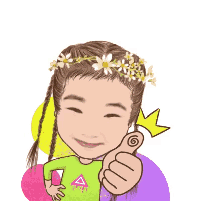 a cartoon of a girl wearing a green shirt with a triangle on it