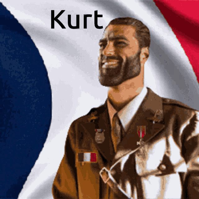 a man with a beard is standing in front of a flag and the name kurt is on the bottom