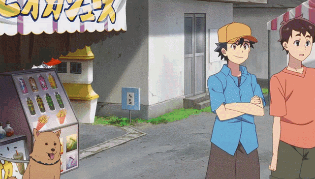 a man in a blue shirt stands in front of a vending machine that says juice