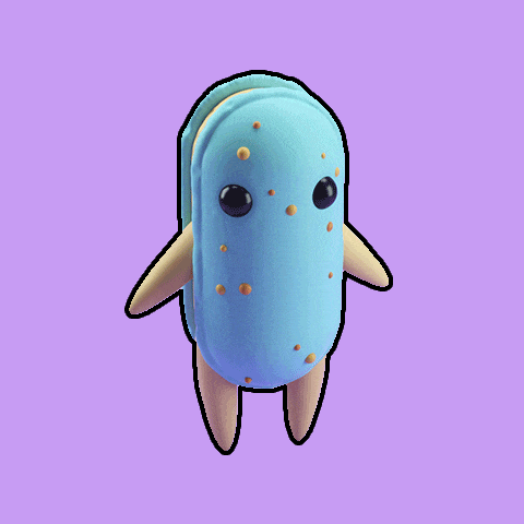 a cartoon drawing of a blue cookie with brown spots on it 's face on a purple background