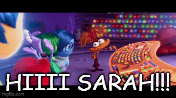 a cartoon character says hiiii sarah !!! in front of a keyboard