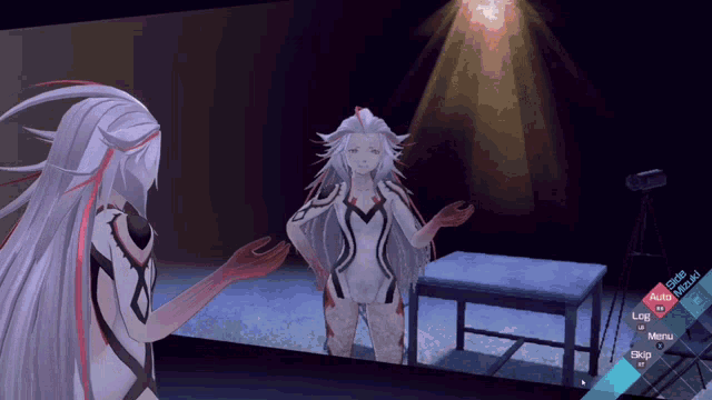 a screenshot of a video game shows a woman standing in front of a mirror with the word log at the bottom