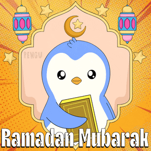 a penguin is holding a book with a crescent moon on its head and the words ramadan mubarak