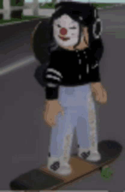 a girl wearing a clown mask and headphones is riding a skateboard .