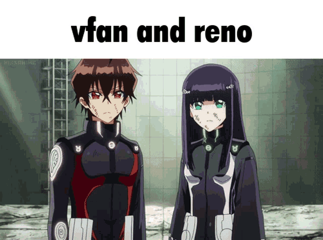 a couple of anime characters standing next to each other with the words vfan and reno below them