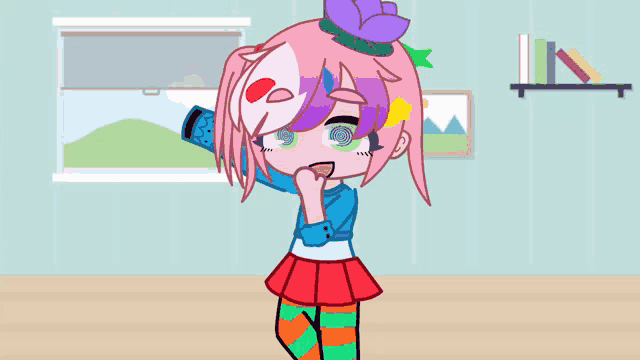 a girl with pink hair and purple eyes is standing in a room
