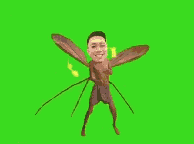 a man is standing in front of a green screen with a mosquito on his back .