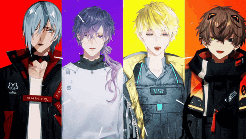 a group of anime characters are standing next to each other with one wearing a vest that says vsf on it