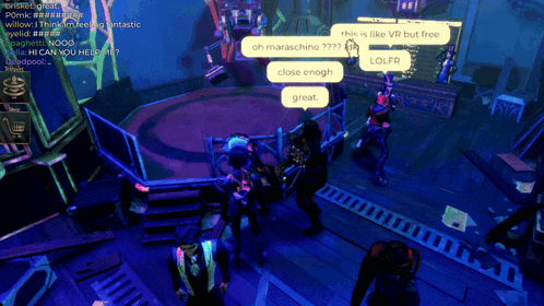 a group of people are standing in a room and one of them is talking about a game