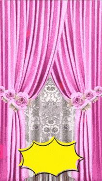 a pair of pink curtains with roses on them and a yellow speech bubble .