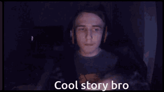 a man wearing headphones says " cool story bro " in a dark room