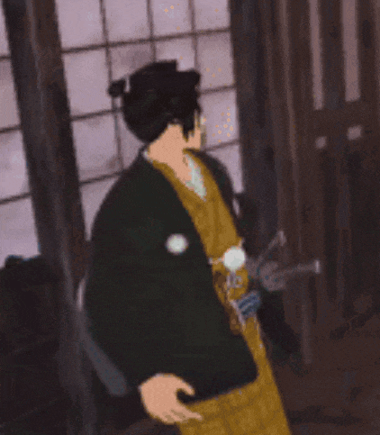a man in a kimono is holding a sword in a room with a bun on his head .
