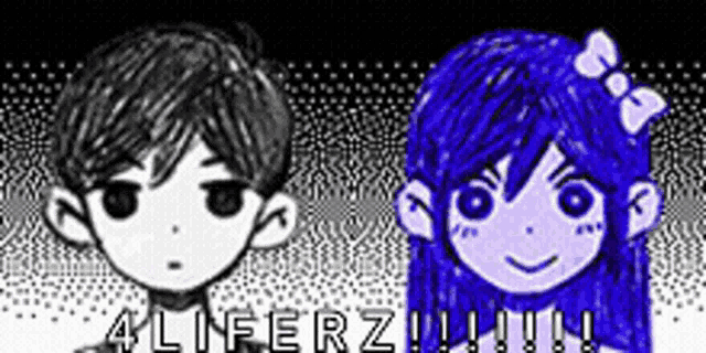 a boy and a girl are standing next to each other in a black and white cartoon .