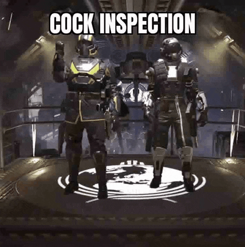 a couple of soldiers are standing next to each other in a room with the words cock inspection written on it .