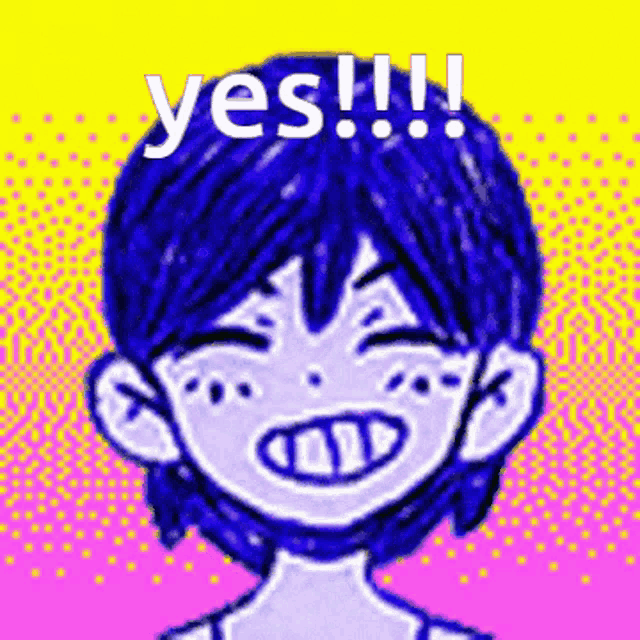 a cartoon character with blue hair is smiling with the words yes !!! above him .
