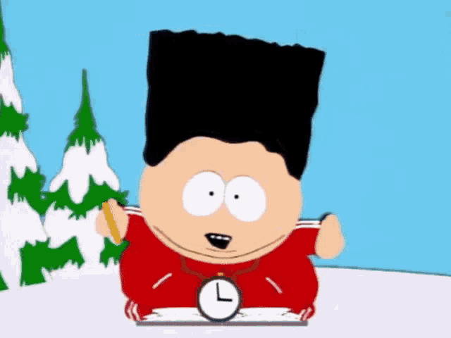 a cartoon character with a clock around his neck is writing in a notebook