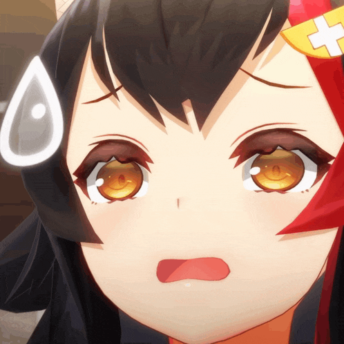 a close up of a cartoon character 's face with a cross on her head