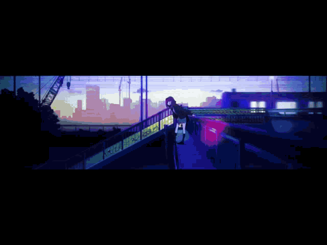 a pixel art of a person standing on a bridge with a city in the background