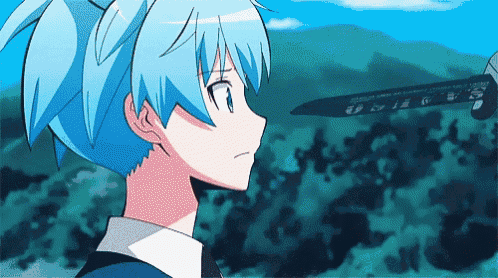 a blue haired anime character is looking at a knife in the background