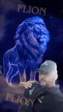 a man is standing in front of a lion with the name fluon written on the bottom