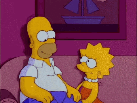 homer simpson and  lisa simpson are sitting on a couch and holding hands