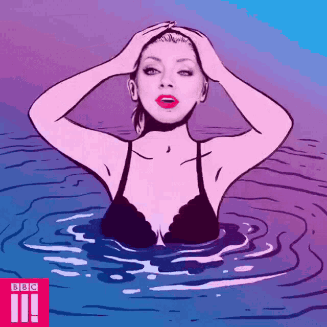 a drawing of a woman in a bikini in the water with the bbc logo