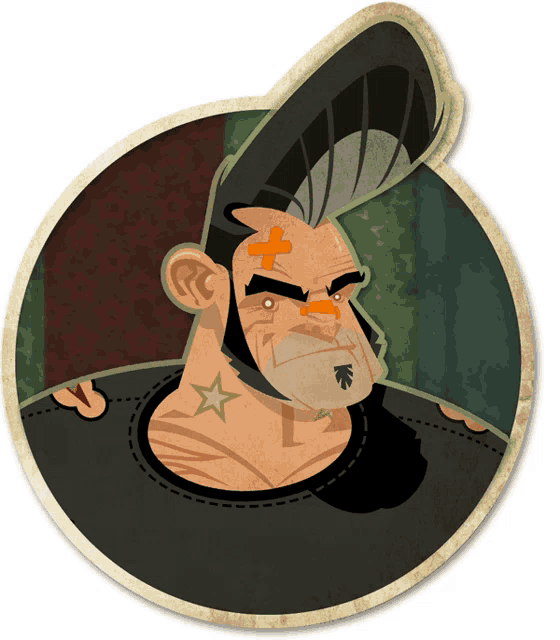 a cartoon drawing of a man with a mohawk and a star tattoo on his chest