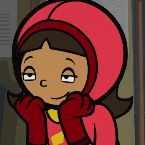 a cartoon girl wearing a red cape and gloves with a c on her face