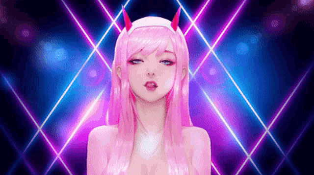 a pixel art of a girl with pink hair and horns .