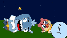a cartoon of a man laying on his back next to a cartoon character with a sad face