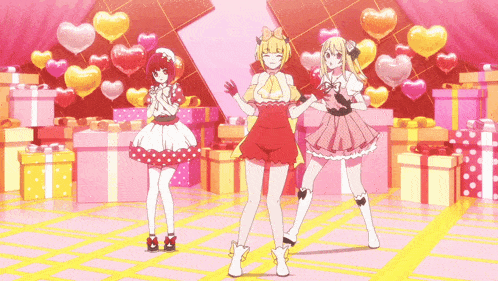 three anime girls are dancing in front of a heart shaped wall