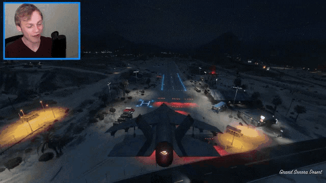 a video game screen shows a fighter jet taking off from a runway and the words grand theft auto on the bottom right