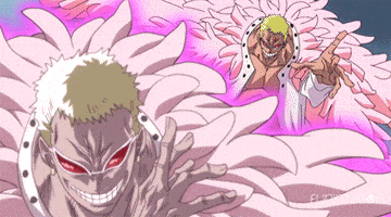 a cartoon drawing of a man with a pink feathered costume and red eyes