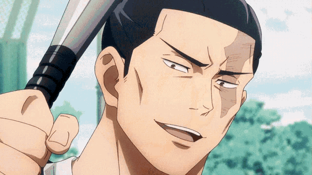 a man in a ponytail is holding a bat in his hand