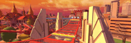 a roller coaster is going over a bridge in a video game .