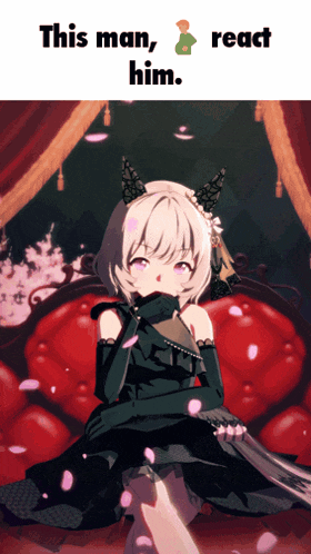 a girl in a black dress is sitting on a red couch with the words this man react him below her