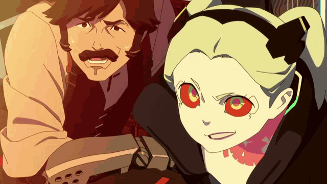 a man with a mustache and a girl with red eyes are standing next to each other