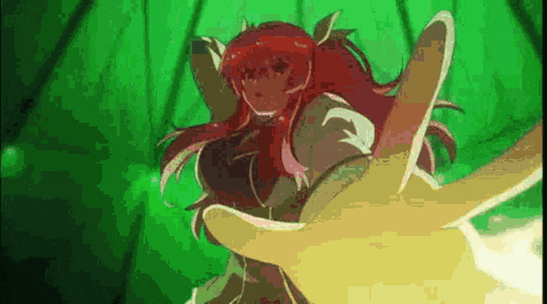 a girl with red hair is standing in front of a green background holding a yellow object .