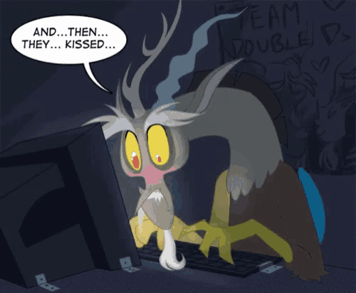 a cartoon drawing of a monster with a speech bubble saying and then they kissed