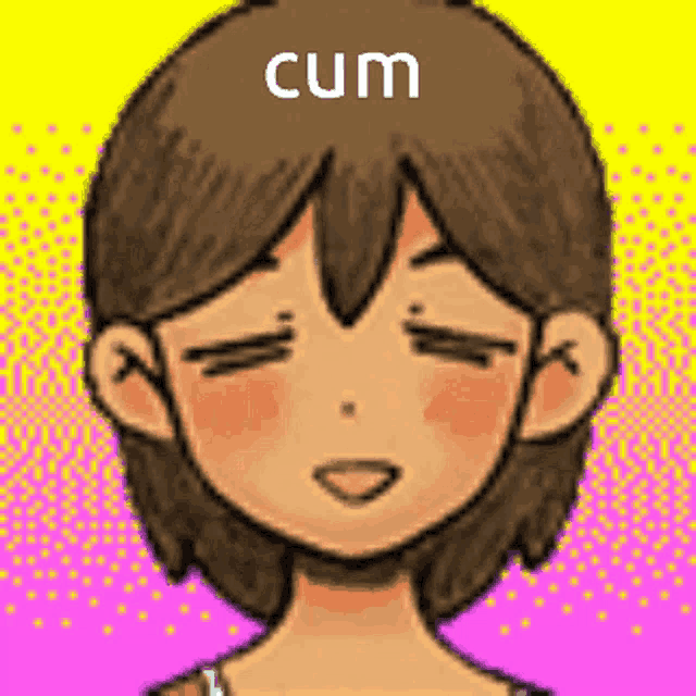 a pixel art drawing of a girl with her eyes closed and the words cum on her head .