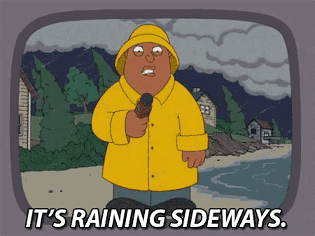 a cartoon of a man in a yellow raincoat with the words it 's raining sideways below him