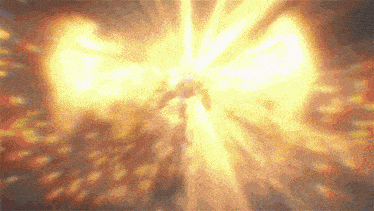 a person is standing in front of a large fireball in a video game .