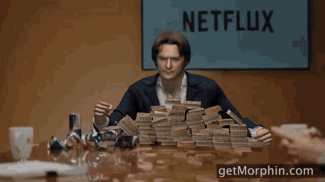 a man holding a pile of money in front of a netflix sign