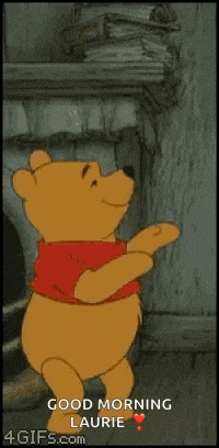 a cartoon of winnie the pooh hanging upside down with his arms outstretched and says good morning laurie