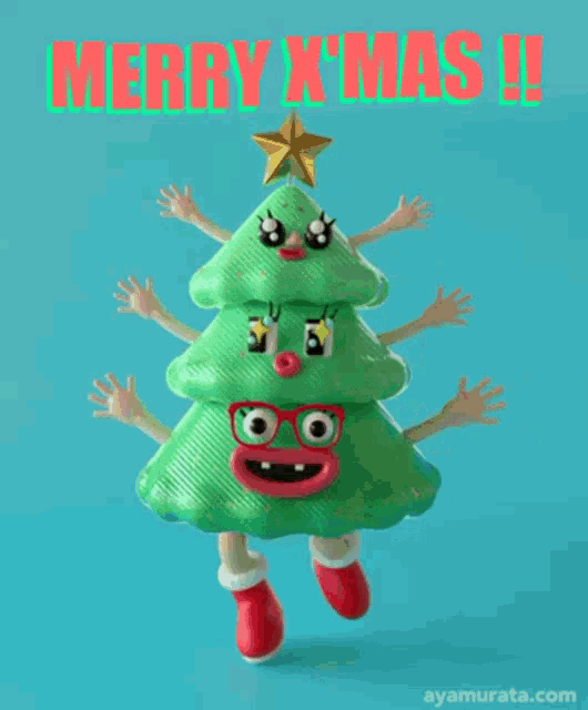 a cartoon christmas tree with many hands and the words merry xmas