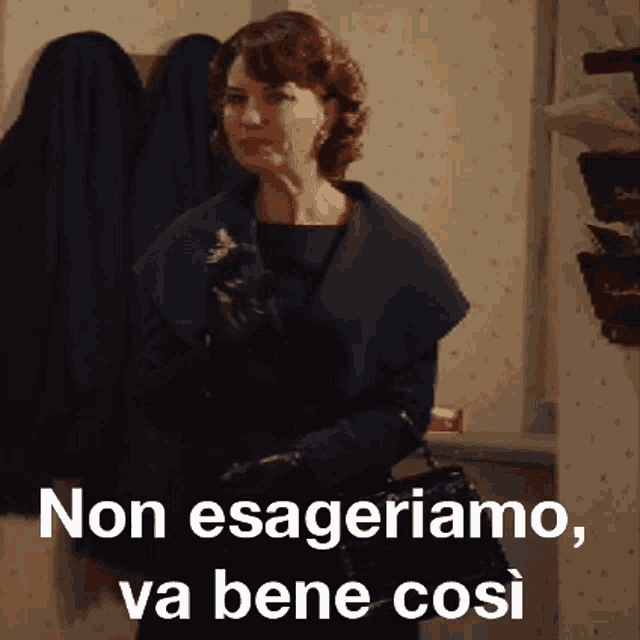 a woman in a blue coat and black gloves with the words non esageriamo va bene così