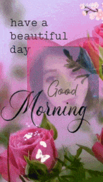 a picture of a woman surrounded by pink roses with the words have a beautiful day good morning